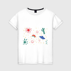 Женская футболка хлопок с принтом детский рисунок в Курске, 100% хлопок | прямой крой, круглый вырез горловины, длина до линии бедер, слегка спущенное плечо | горошек | детский | радуга | рисунок | смайлик | солнышко