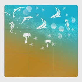 Магнитный плакат 3Х3 с принтом Морское ассорти в Курске, Полимерный материал с магнитным слоем | 9 деталей размером 9*9 см | акулы | волна | дельфины | море | морепродукты | морские животные | морской | пальмы | песок | ракушки | рыбы