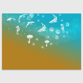 Поздравительная открытка с принтом Морское ассорти в Курске, 100% бумага | плотность бумаги 280 г/м2, матовая, на обратной стороне линовка и место для марки
 | Тематика изображения на принте: акулы | волна | дельфины | море | морепродукты | морские животные | морской | пальмы | песок | ракушки | рыбы