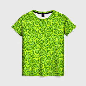 Женская футболка 3D с принтом Неоновый цветочный узор  в Курске, 100% полиэфир ( синтетическое хлопкоподобное полотно) | прямой крой, круглый вырез горловины, длина до линии бедер | детский | женский | зеленый | лето | неоновый узор | розы | современный | яркий зеленый