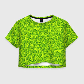 Женская футболка Crop-top 3D с принтом Неоновый цветочный узор  в Курске, 100% полиэстер | круглая горловина, длина футболки до линии талии, рукава с отворотами | детский | женский | зеленый | лето | неоновый узор | розы | современный | яркий зеленый