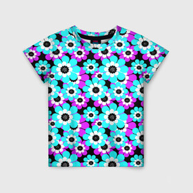Детская футболка 3D с принтом Яркие бирюзовые цветы  в Курске, 100% гипоаллергенный полиэфир | прямой крой, круглый вырез горловины, длина до линии бедер, чуть спущенное плечо, ткань немного тянется | бирюзовые цветы | бордовый | детский | для детей | малышам | неоновый | ретро | цветочный узор