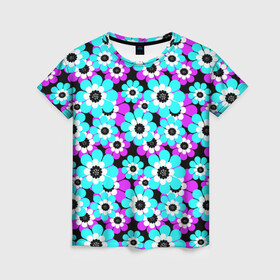 Женская футболка 3D с принтом Яркие бирюзовые цветы  в Курске, 100% полиэфир ( синтетическое хлопкоподобное полотно) | прямой крой, круглый вырез горловины, длина до линии бедер | бирюзовые цветы | бордовый | детский | для детей | малышам | неоновый | ретро | цветочный узор