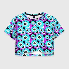 Женская футболка Crop-top 3D с принтом Яркие бирюзовые цветы  в Курске, 100% полиэстер | круглая горловина, длина футболки до линии талии, рукава с отворотами | бирюзовые цветы | бордовый | детский | для детей | малышам | неоновый | ретро | цветочный узор