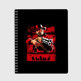 Тетрадь с принтом Red Dead Redemption 2 в Курске, 100% бумага | 48 листов, плотность листов — 60 г/м2, плотность картонной обложки — 250 г/м2. Листы скреплены сбоку удобной пружинной спиралью. Уголки страниц и обложки скругленные. Цвет линий — светло-серый
 | art | arthur morgan | character | cowboys | game | gun | horses | red dead redemption 2 | weapon | арт | артур морган | игра | ковбои | лошади | оружие | персонаж | ружье