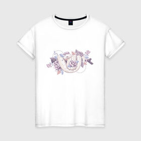 Женская футболка хлопок с принтом Белая змея и цветы в Курске, 100% хлопок | прямой крой, круглый вырез горловины, длина до линии бедер, слегка спущенное плечо | белая | букет | бутон | ветвь | ветка | гадюка | змея | питон | розовая | удав | цветы