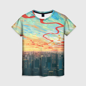 Женская футболка 3D с принтом Токио красками в Курске, 100% полиэфир ( синтетическое хлопкоподобное полотно) | прямой крой, круглый вырез горловины, длина до линии бедер | акварелью | аниме | ветер | город | закат | здания | красками | мегаполис | облака | постройки | рассвет | стиль | столица | токио | тучи | япония