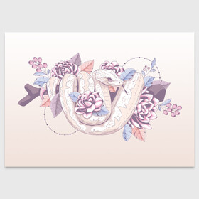 Поздравительная открытка с принтом Белая змея в цветах в Курске, 100% бумага | плотность бумаги 280 г/м2, матовая, на обратной стороне линовка и место для марки
 | Тематика изображения на принте: белая | букет | бутон | ветвь | ветка | гадюка | змея | питон | розовая | удав | цветы
