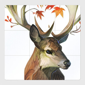 Магнитный плакат 3Х3 с принтом Осенний страж в Курске, Полимерный материал с магнитным слоем | 9 деталей размером 9*9 см | арт | ветка | ветки | дерево | дикие животные | дикие звери | жёлтые листья | жёлтый листок | животное | животные | лист | листья | олень | осень | природа | рисунок | роза