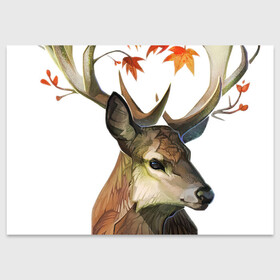 Поздравительная открытка с принтом Осенний страж в Курске, 100% бумага | плотность бумаги 280 г/м2, матовая, на обратной стороне линовка и место для марки
 | арт | ветка | ветки | дерево | дикие животные | дикие звери | жёлтые листья | жёлтый листок | животное | животные | лист | листья | олень | осень | природа | рисунок | роза