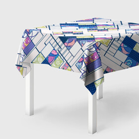 Скатерть 3D с принтом Этнический узор пэчворк  в Курске, 100% полиэстер (ткань не мнется и не растягивается) | Размер: 150*150 см | абстрактный | белый и синий | геометрический | заплатки | популярный | современный | этнический