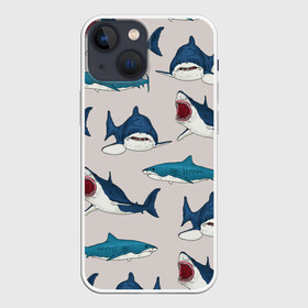 Чехол для iPhone 13 mini с принтом Кровожадные акулы паттерн в Курске,  |  | shark | акулы | кровожадные акулы | морские обитатели | опасный | паттерн | синий