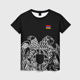 Женская футболка 3D с принтом Герб Армении и флаг в Курске, 100% полиэфир ( синтетическое хлопкоподобное полотно) | прямой крой, круглый вырез горловины, длина до линии бедер | армения | герб | лев и орел | лого | символ | флаг | флаг и герб армении