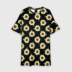 Детское платье 3D с принтом Подсолнухи паттерн в Курске, 100% полиэстер | прямой силуэт, чуть расширенный к низу. Круглая горловина, на рукавах — воланы | Тематика изображения на принте: желтый | зеленый | паттерн | подсолнухи | цветы | черный