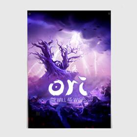 Постер с принтом Ori and the Will of the Wisps в Курске, 100% бумага
 | бумага, плотность 150 мг. Матовая, но за счет высокого коэффициента гладкости имеет небольшой блеск и дает на свету блики, но в отличии от глянцевой бумаги не покрыта лаком | adventure | computer game | lightning | ori | ori and the will of the wisps | rain | spirit of the forest | tree | дерево | дождь | дух леса | компьютерная игра | молния | ори | ори и блуждающие огоньки | приключения