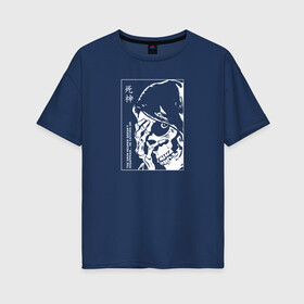 Женская футболка хлопок Oversize с принтом Мрачный жнец в Курске, 100% хлопок | свободный крой, круглый ворот, спущенный рукав, длина до линии бедер
 | death | жнец | иероглифы | монстр | скелет | цитата | череп