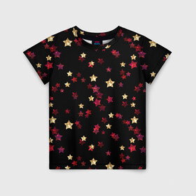 Детская футболка 3D с принтом Блестящие звезды на черном в Курске, 100% гипоаллергенный полиэфир | прямой крой, круглый вырез горловины, длина до линии бедер, чуть спущенное плечо, ткань немного тянется | абстрактный | блеск | детский | женский | звезды | золото | золотые звезды