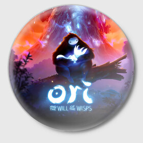 Значок с принтом Ori and the Will of the Wisps в Курске,  металл | круглая форма, металлическая застежка в виде булавки | adventure | asleep | forest spirit | naru | night | ori and the will of the wisps | orient | pc game | volcanic eruption | дух леса | извержение вулкана | компьютерная игра | нару | ночь | ори | ори и блуждающие огоньки | приключения | спит