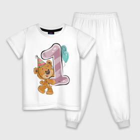 Детская пижама хлопок с принтом Первый годик в Курске, 100% хлопок |  брюки и футболка прямого кроя, без карманов, на брюках мягкая резинка на поясе и по низу штанин
 | Тематика изображения на принте: день рожденья | детское | единица | медведь | медвежонок | мишка | один | первый год | первый годик | плюшевая игрушка | плюшевый | с днем рожденья | шарики