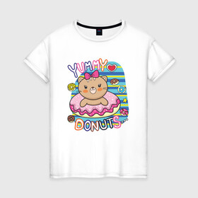 Женская футболка хлопок с принтом Мишка в пончике в Курске, 100% хлопок | прямой крой, круглый вырез горловины, длина до линии бедер, слегка спущенное плечо | девочка | медведь | медвежонок | мишка | пончик | сладости