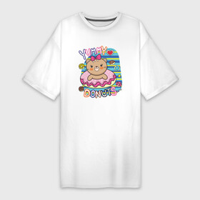 Платье-футболка хлопок с принтом Мишка в пончике в Курске,  |  | девочка | медведь | медвежонок | мишка | пончик | сладости