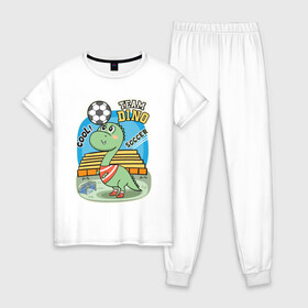 Женская пижама хлопок с принтом Динозаврик футболист в Курске, 100% хлопок | брюки и футболка прямого кроя, без карманов, на брюках мягкая резинка на поясе и по низу штанин | soccer | дино | динозавр | динозаврик | мячик | футбол
