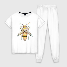Женская пижама хлопок с принтом Акварельная пчела в Курске, 100% хлопок | брюки и футболка прямого кроя, без карманов, на брюках мягкая резинка на поясе и по низу штанин | bee | акварель | акварельная пчела | большая пчела | насекомое | пчела | реалистичная пчела