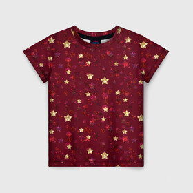 Детская футболка 3D с принтом Россыпи золотых звезд в Курске, 100% гипоаллергенный полиэфир | прямой крой, круглый вырез горловины, длина до линии бедер, чуть спущенное плечо, ткань немного тянется | Тематика изображения на принте: блеск | блестящий | детский | звезды | золото | золотой и красный | красный | модный