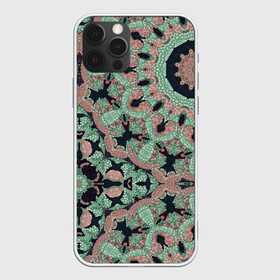 Чехол для iPhone 12 Pro с принтом зелено-бежевый калейдоскоп  в Курске, силикон | область печати: задняя сторона чехла, без боковых панелей | абстрактный | в горошек | восточный | калейдоскоп | коричневый и зеленый | модный | фисташковый | этнический