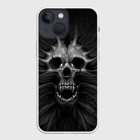 Чехол для iPhone 13 mini с принтом ЧЕРЕП С КЛЫКАМИ в Курске,  |  | dark | death | fear | skelet | skull | байкерам | голова | готика | клыки | кости | крик | оскал | скелет | тьма | ужас | череп | черный