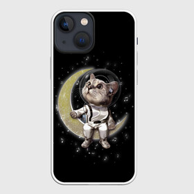 Чехол для iPhone 13 mini с принтом КОТИК НА ЛУНЕ в Курске,  |  | astronawt | cat | dark | music | night | space | stars | астронавт | животные | звезды | звери | космонавт | космос | кот | котик | музыка | ночь | плеер | скафандр