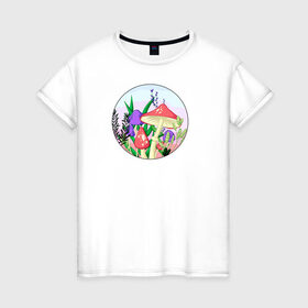 Женская футболка хлопок с принтом Грибы в Курске, 100% хлопок | прямой крой, круглый вырез горловины, длина до линии бедер, слегка спущенное плечо | грибы | закат | мухоморы | растения