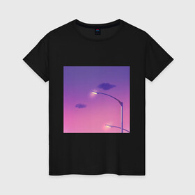 Женская футболка хлопок с принтом Закат в Курске, 100% хлопок | прямой крой, круглый вырез горловины, длина до линии бедер, слегка спущенное плечо | вечер | закат | красивое небо | неон | ночной город | розовый закат