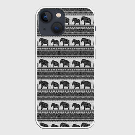Чехол для iPhone 13 mini с принтом Черно белый узор слоны в Курске,  |  | африканский | монохромный узор | орнамент | полосы | серый | серый и черный | слоны | этнический