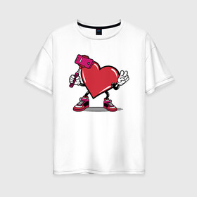 Женская футболка хлопок Oversize с принтом Сердечко сэлфи в Курске, 100% хлопок | свободный крой, круглый ворот, спущенный рукав, длина до линии бедер
 | peace | selfi | мир | сердечко | сердце | сэлфи | фотка