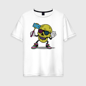 Женская футболка хлопок Oversize с принтом Череп сэлфи в Курске, 100% хлопок | свободный крой, круглый ворот, спущенный рукав, длина до линии бедер
 | peace | selfi | мир | скелет | сэлфи | фотка | череп | черепушка