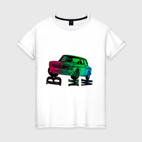 Женская футболка хлопок с принтом Ретро БМВ BMW Сочный в Курске, 100% хлопок | прямой крой, круглый вырез горловины, длина до линии бедер, слегка спущенное плечо | кастомная | красочная машина стоит на больших буквах | неон | ретро.