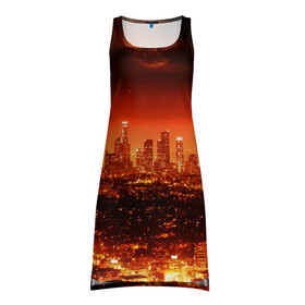 Платье-майка 3D с принтом Закат в Нью Йорке в Курске, 100% полиэстер | полуприлегающий силуэт, широкие бретели, круглый вырез горловины, удлиненный подол сзади. | город | закат | красный | луна | мегаполис | месяц | нью йорк | яркий
