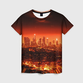 Женская футболка 3D с принтом Закат в Нью Йорке в Курске, 100% полиэфир ( синтетическое хлопкоподобное полотно) | прямой крой, круглый вырез горловины, длина до линии бедер | город | закат | красный | луна | мегаполис | месяц | нью йорк | яркий