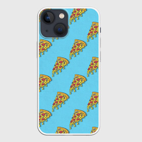 Чехол для iPhone 13 mini с принтом Пицца паттерн на голубом в Курске,  |  | еда | итальянская кухня | кусок пиццы | паттерн | пицца | пицца пепперони | пицца с колбасой и сыром | слайс | фаст фуд