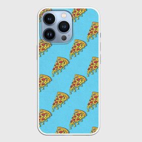 Чехол для iPhone 13 Pro с принтом Пицца паттерн на голубом в Курске,  |  | еда | итальянская кухня | кусок пиццы | паттерн | пицца | пицца пепперони | пицца с колбасой и сыром | слайс | фаст фуд