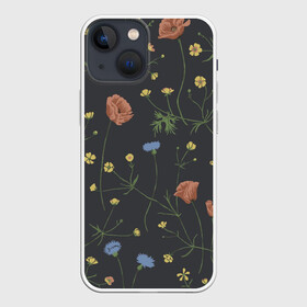 Чехол для iPhone 13 mini с принтом Цветы На черном Фоне в Курске,  |  | black | blue | flower | in the top | in the trend | leaves | poppy | small flowers | twigs | yellow | в топе | в тренде | веточки | жёлтый | листья | мак | мелкие цветы | синие | цветок | черный