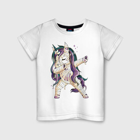 Детская футболка хлопок с принтом Единорог-мумия в Курске, 100% хлопок | круглый вырез горловины, полуприлегающий силуэт, длина до линии бедер | unicorn | бинты | единорог | инрог | мифическое существо | мумия | пони | сказочная лошадь