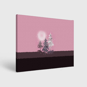 Холст прямоугольный с принтом Розовое сияние  в Курске, 100% ПВХ |  | елка | ель | зима | коричневый и розовый | лес | луна | мозаика | мозаичный узор | новогодний | розовый | солнце | утро