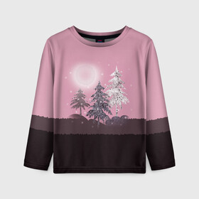 Детский лонгслив 3D с принтом Розовое сияние  в Курске, 100% полиэстер | длинные рукава, круглый вырез горловины, полуприлегающий силуэт
 | елка | ель | зима | коричневый и розовый | лес | луна | мозаика | мозаичный узор | новогодний | розовый | солнце | утро