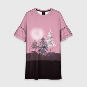 Детское платье 3D с принтом Розовое сияние  в Курске, 100% полиэстер | прямой силуэт, чуть расширенный к низу. Круглая горловина, на рукавах — воланы | елка | ель | зима | коричневый и розовый | лес | луна | мозаика | мозаичный узор | новогодний | розовый | солнце | утро