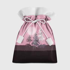 Подарочный 3D мешок с принтом Розовое сияние  в Курске, 100% полиэстер | Размер: 29*39 см | Тематика изображения на принте: елка | ель | зима | коричневый и розовый | лес | луна | мозаика | мозаичный узор | новогодний | розовый | солнце | утро