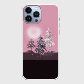 Чехол для iPhone 13 Pro Max с принтом Розовое сияние в Курске,  |  | Тематика изображения на принте: елка | ель | зима | коричневый и розовый | лес | луна | мозаика | мозаичный узор | новогодний | розовый | солнце | утро