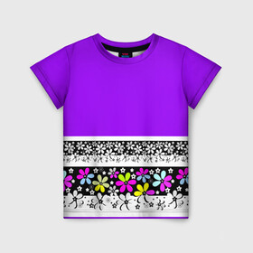 Детская футболка 3D с принтом Яркий фиолетовый цветочный  в Курске, 100% гипоаллергенный полиэфир | прямой крой, круглый вырез горловины, длина до линии бедер, чуть спущенное плечо, ткань немного тянется | Тематика изображения на принте: детский | женский | кайма | лето | разноцветные ромашки | ромашки | фиолетовый | фиолетовый и желтый | цветочный узор | цветы