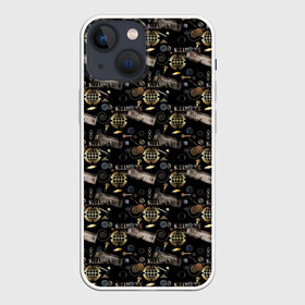 Чехол для iPhone 13 mini с принтом Стимпанк . Черный фон. в Курске,  |  | ключи | креативный | металлический | металлический предметы | модный | современный | стильный узор | черный